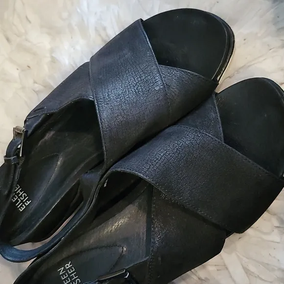 Eileen fisher criss cross leather black wedge Sandals Summer Shoes