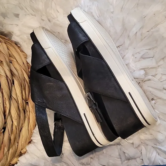 Eileen fisher criss cross leather black wedge Sandals Summer Shoes