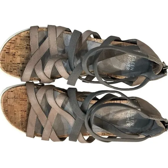 Eileen Fisher Verge Women’s Sandal size 8.5 Gray Leather Gladiator Shoes