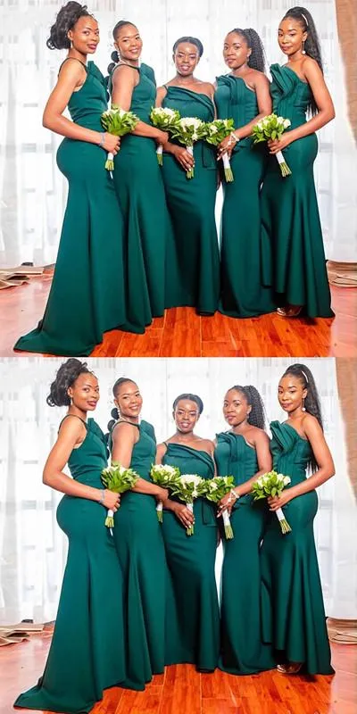 Emerald Green Mermaid One Shoulder Spaghetti Straps Long Bridesmaid Dresses Online,WG1184
