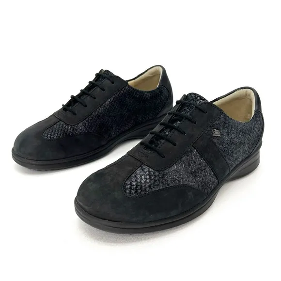 Finn Comfort Lazio Lace-up Comfort Shoe UK Size 5.5 = US 8 Black Metallic EUC