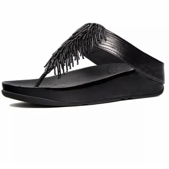 FitFlop Beaded Cha Cha Sandals  black Size 7 embellished comfort orthotic slides
