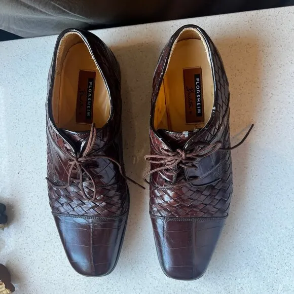 Florsheim Mens Brown Leather Weave &amp; Croc Embossed Dress Shoes Size 10 D