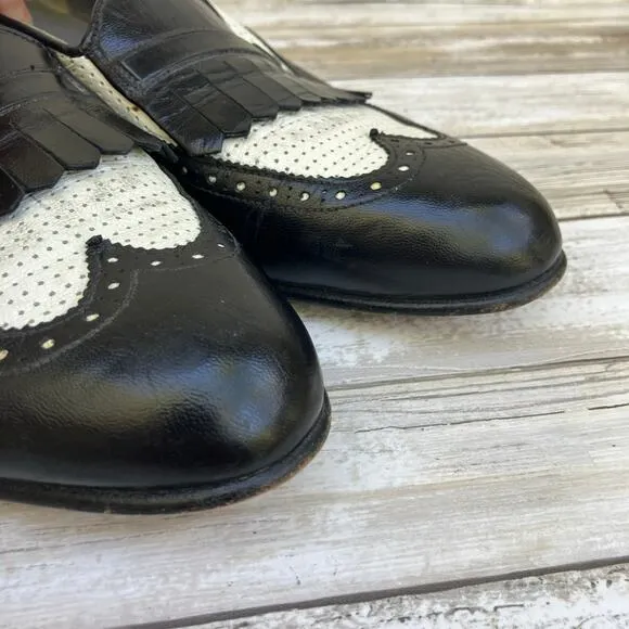 Florsheim Shoes Loafers 10.5 D Black White Leather Perforated Slip On Careerwear