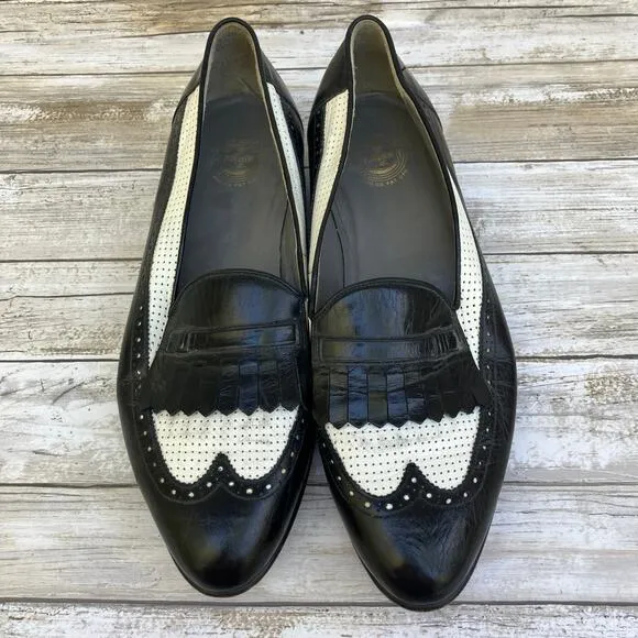 Florsheim Shoes Loafers 10.5 D Black White Leather Perforated Slip On Careerwear