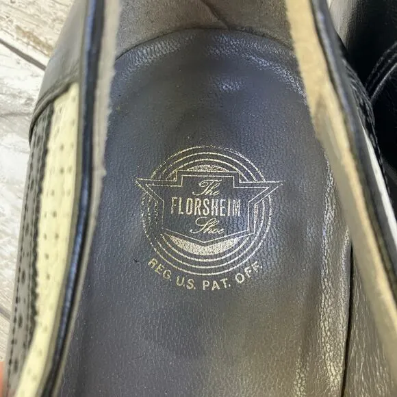 Florsheim Shoes Loafers 10.5 D Black White Leather Perforated Slip On Careerwear