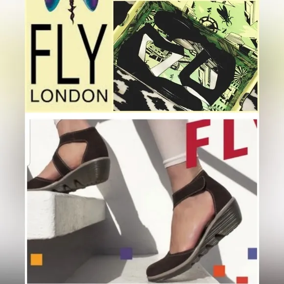 FLY LONDON Piat Black Suede Ankle Strap Wedge Mary Jane Women’s EU 40 US 9-9.5