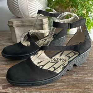 FLY LONDON Piat Black Suede Ankle Strap Wedge Mary Jane Women’s EU 40 US 9-9.5