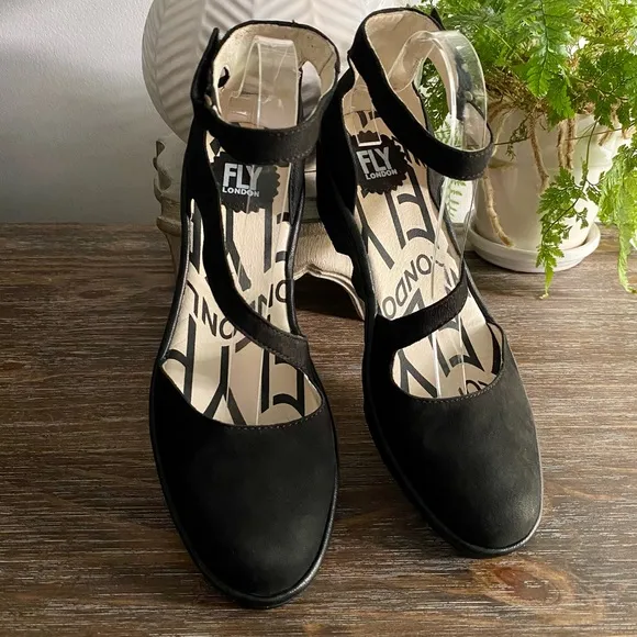 FLY LONDON Piat Black Suede Ankle Strap Wedge Mary Jane Women’s EU 40 US 9-9.5