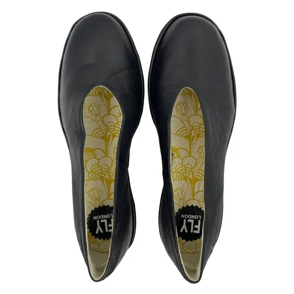 Fly London Women's Yaz Mousse Ballerina Wedge Black Leather Size 39 US 8-8.5