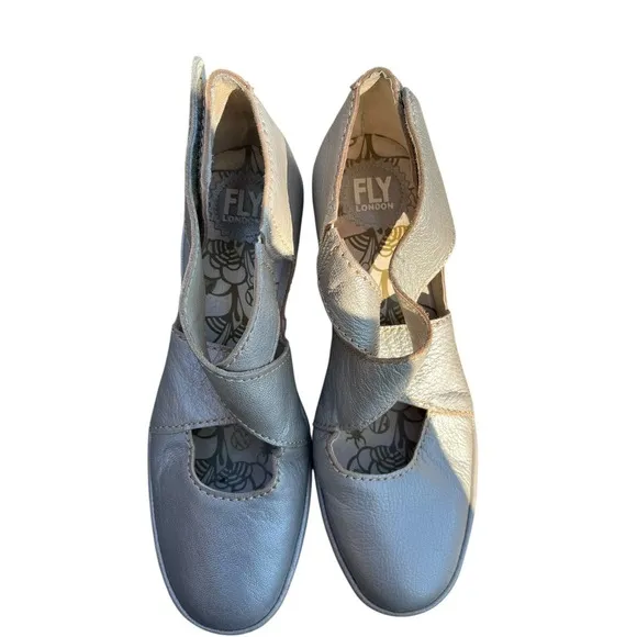 Fly London Yogo Crossover Leather‎  Shoes Wedge Lagenlook Boho Silver, Size 41