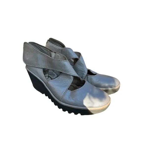 Fly London Yogo Crossover Leather‎  Shoes Wedge Lagenlook Boho Silver, Size 41