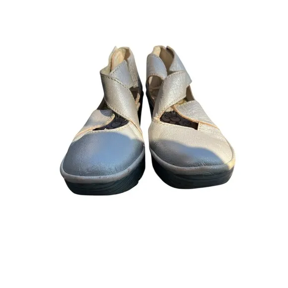 Fly London Yogo Crossover Leather‎  Shoes Wedge Lagenlook Boho Silver, Size 41