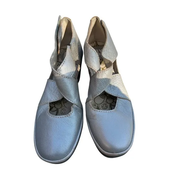 Fly London Yogo Crossover Leather‎  Shoes Wedge Lagenlook Boho Silver, Size 41