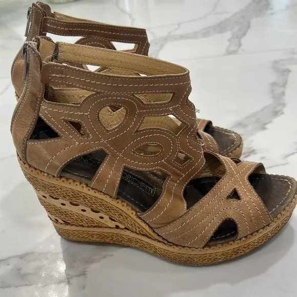FRANCESCO MORICHETTI Tan Brown Leather Platform Peep Toe Wedge SHOES. Size 38