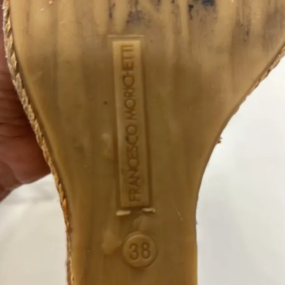 FRANCESCO MORICHETTI Tan Brown Leather Platform Peep Toe Wedge SHOES. Size 38