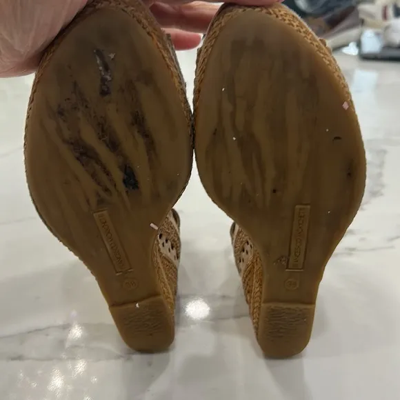 FRANCESCO MORICHETTI Tan Brown Leather Platform Peep Toe Wedge SHOES. Size 38