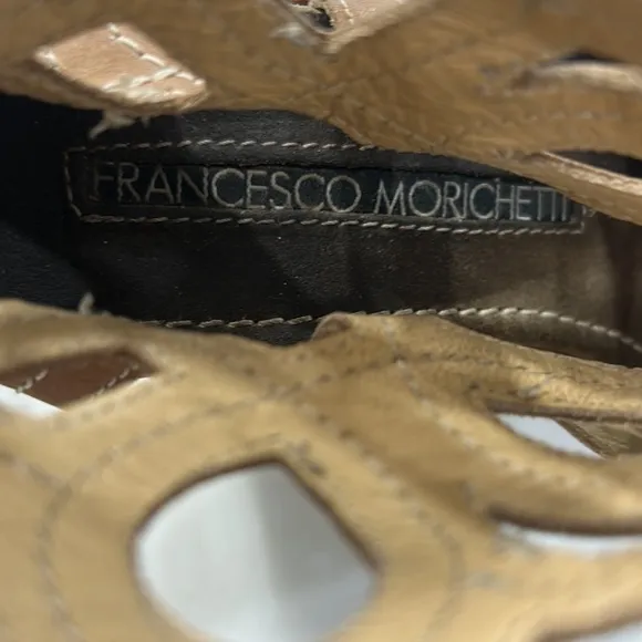 FRANCESCO MORICHETTI Tan Brown Leather Platform Peep Toe Wedge SHOES. Size 38