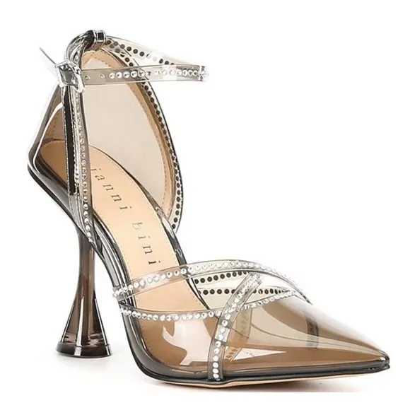 Gianni BiniLanna Rhinestone Lucite Pointed Toe Clear Flared Heel Pumps