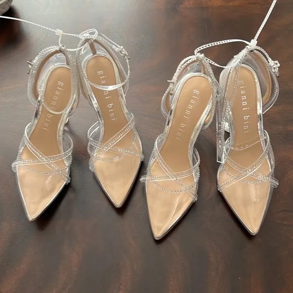 Gianni BiniLanna Rhinestone Lucite Pointed Toe Clear Flared Heel Pumps