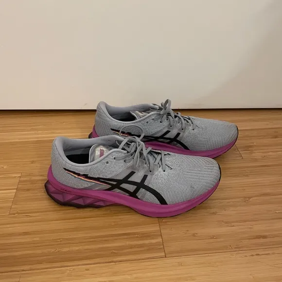 Grey and purple ASICS running shoes