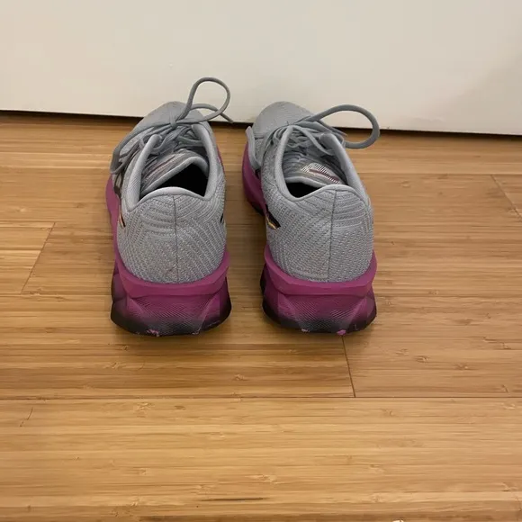Grey and purple ASICS running shoes