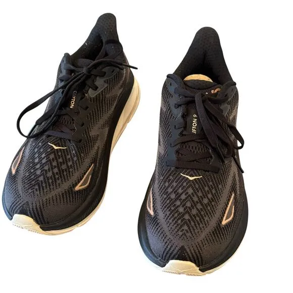 Hoka Men's Clifton 9 Wide Sneaker Shoes Black/Rose Gold Size 7.5 D