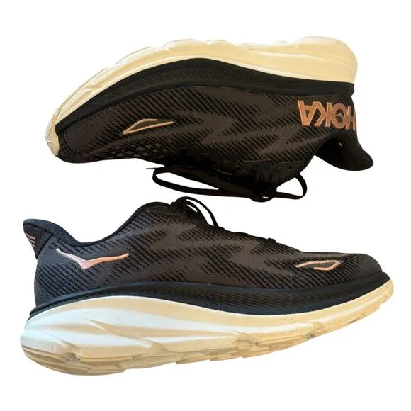 Hoka Men's Clifton 9 Wide Sneaker Shoes Black/Rose Gold Size 7.5 D