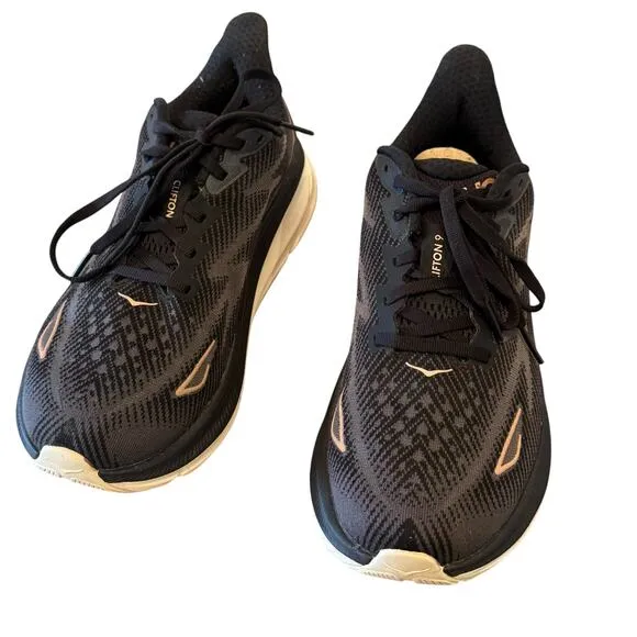 Hoka Men's Clifton 9 Wide Sneaker Shoes Black/Rose Gold Size 7.5 D