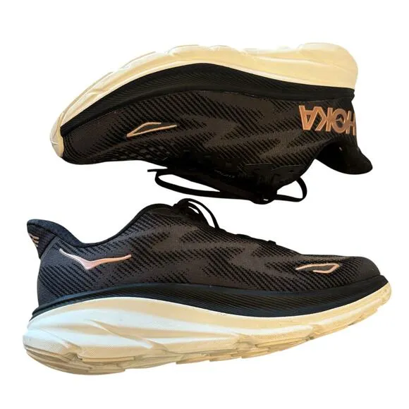 Hoka Men's Clifton 9 Wide Sneaker Shoes Black/Rose Gold Size 7.5 D