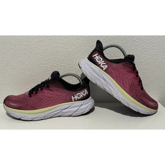 Hoka One Clifton 8 Womens Sz 8 B Running Sneakers Shoes Pink Black NO INSOLES