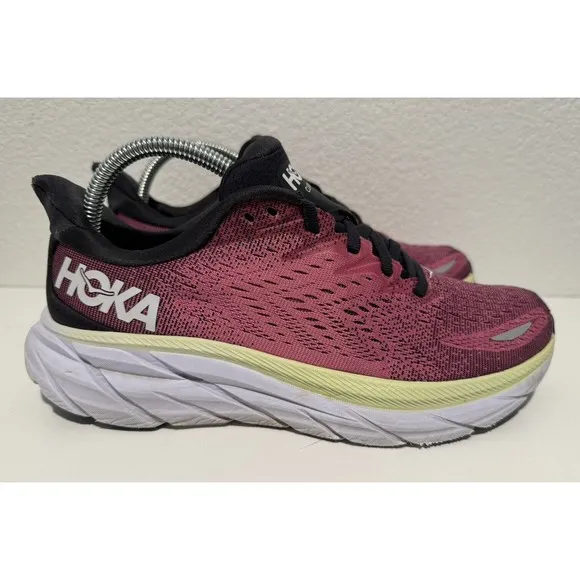 Hoka One Clifton 8 Womens Sz 8 B Running Sneakers Shoes Pink Black NO INSOLES