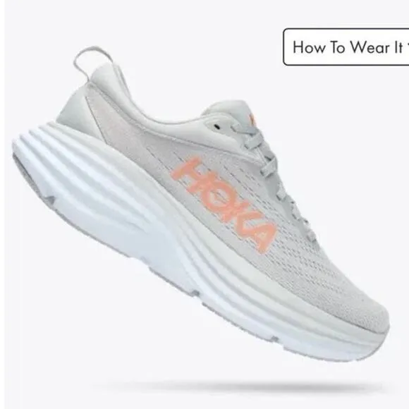 Hoka One One Bondi 8‎ gray and white running shoes