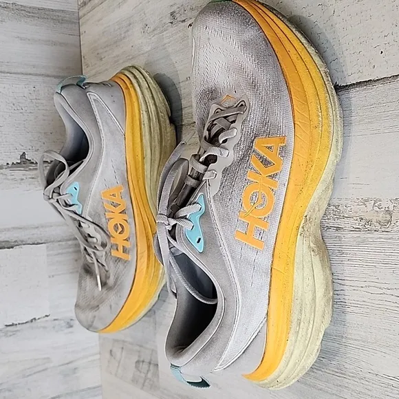 Hoka One One Bondi 8 gray orange yellow running athletic shoes Size 10.5 D