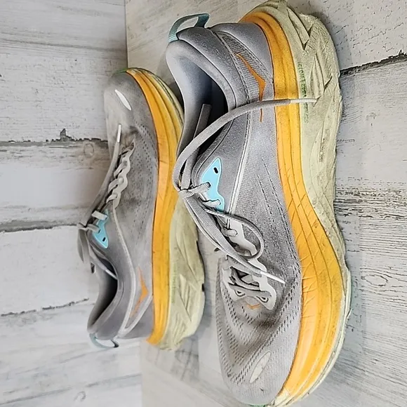 Hoka One One Bondi 8 gray orange yellow running athletic shoes Size 10.5 D