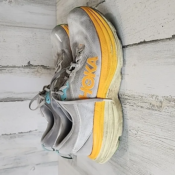 Hoka One One Bondi 8 gray orange yellow running athletic shoes Size 10.5 D