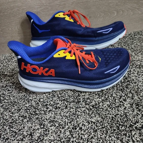 Hoka One One Clifton 9 Men 11.5 D Blue Red Yellow Running Walking Athletic Shoes