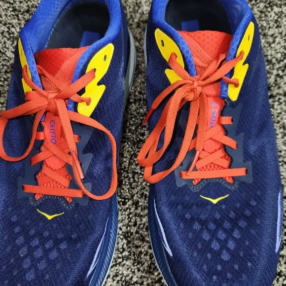 Hoka One One Clifton 9 Men 11.5 D Blue Red Yellow Running Walking Athletic Shoes