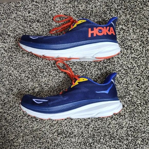 Hoka One One Clifton 9 Men 11.5 D Blue Red Yellow Running Walking Athletic Shoes