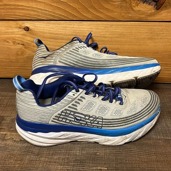 Hoka One One Mens 10.5 Bondi 6 Gray Blue Running Athletic Shoes 1019269 VBFG Gym