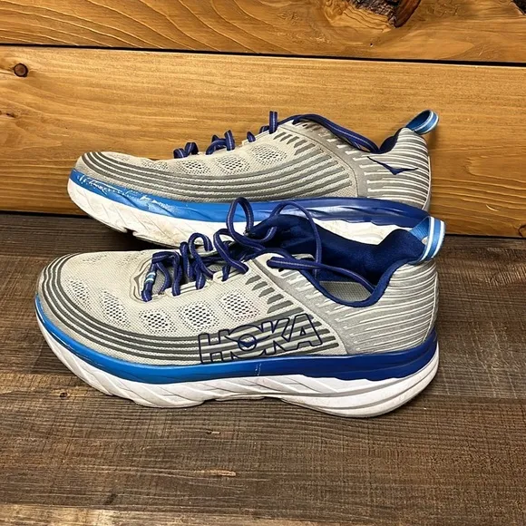 Hoka One One Mens 10.5 Bondi 6 Gray Blue Running Athletic Shoes 1019269 VBFG Gym