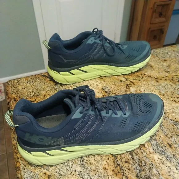 HOKA ONE ONE Mens CLIFTON 6 Sz 12.5 Blue Green Running Athletic Cushioned Shoes