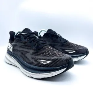 Hoka‎ One One Womens 9.5 B Clifton 9 1127896 BWHT Black Running Shoes Sneakers