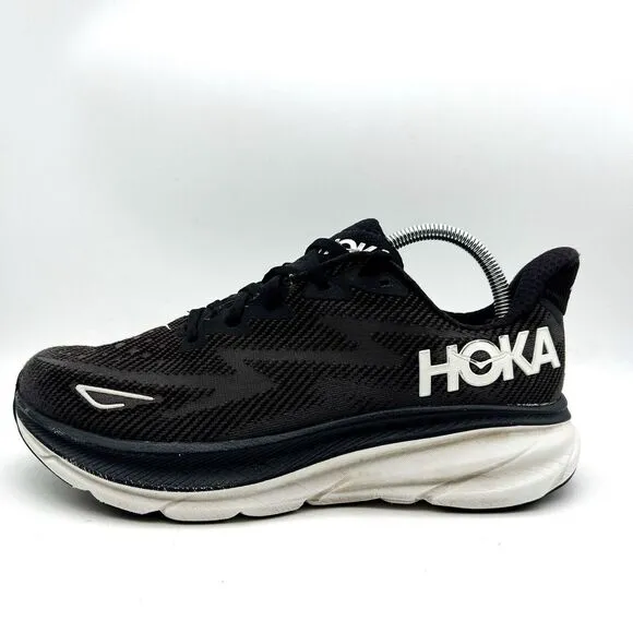Hoka‎ One One Womens 9.5 B Clifton 9 1127896 BWHT Black Running Shoes Sneakers