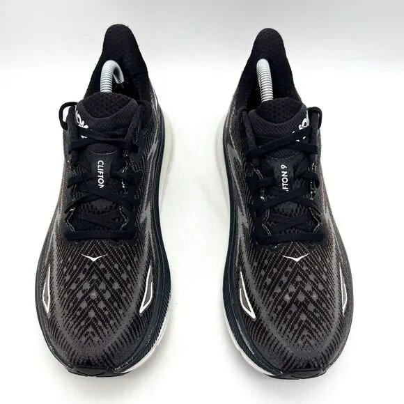 Hoka‎ One One Womens 9.5 B Clifton 9 1127896 BWHT Black Running Shoes Sneakers