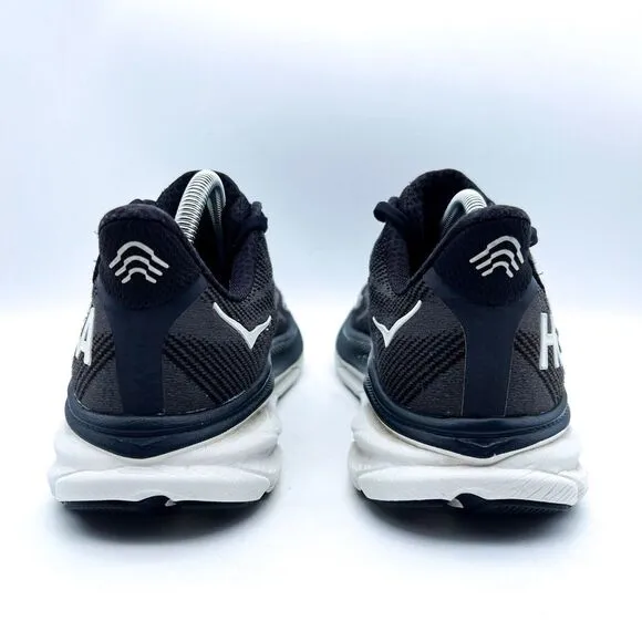 Hoka‎ One One Womens 9.5 B Clifton 9 1127896 BWHT Black Running Shoes Sneakers