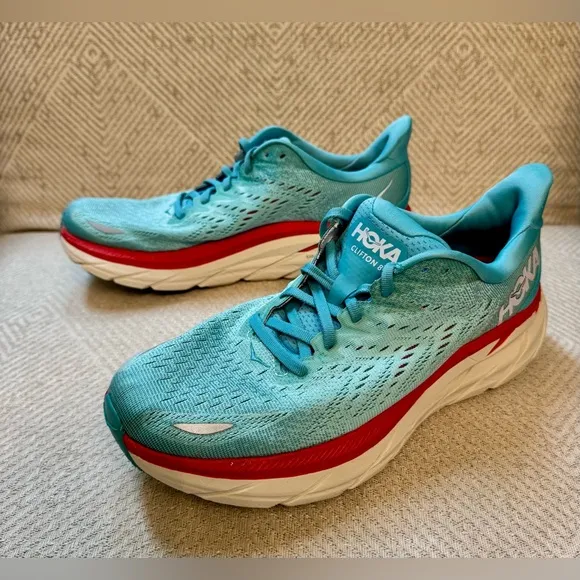 Hoka One One Womens Clifton 8 Aqua Orange Running Walking Shoes Sneakers 8.5 B