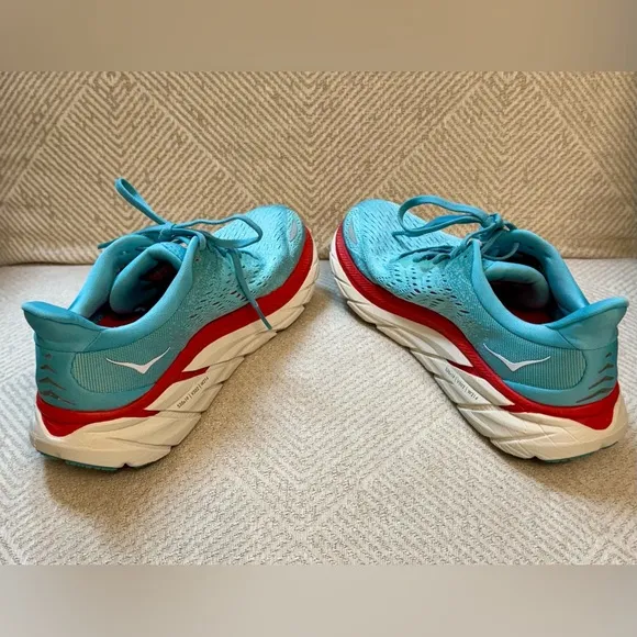 Hoka One One Womens Clifton 8 Aqua Orange Running Walking Shoes Sneakers 8.5 B