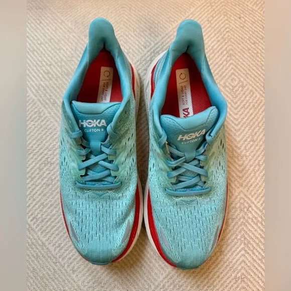 Hoka One One Womens Clifton 8 Aqua Orange Running Walking Shoes Sneakers 8.5 B