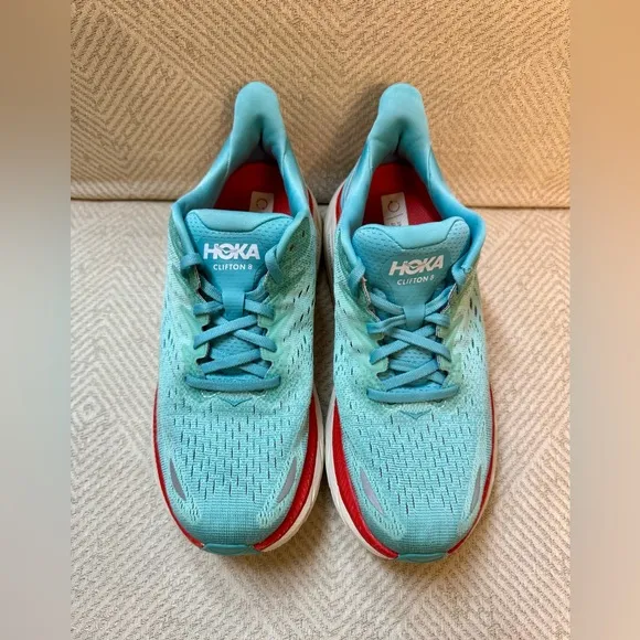 Hoka One One Womens Clifton 8 Aqua Orange Running Walking Shoes Sneakers 8.5 B